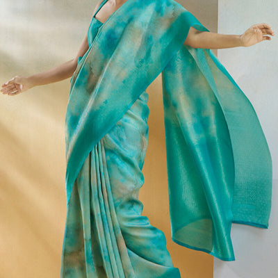 Beguiling Turquoise Digital Printed Soft Silk Saree With Alluring Blouse Piece