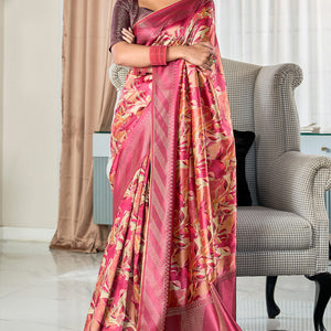 Demesne Dark Pink Digital Printed Soft Silk Saree With Excellent Blouse Piece
