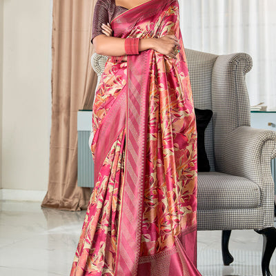 Demesne Dark Pink Digital Printed Soft Silk Saree With Excellent Blouse Piece