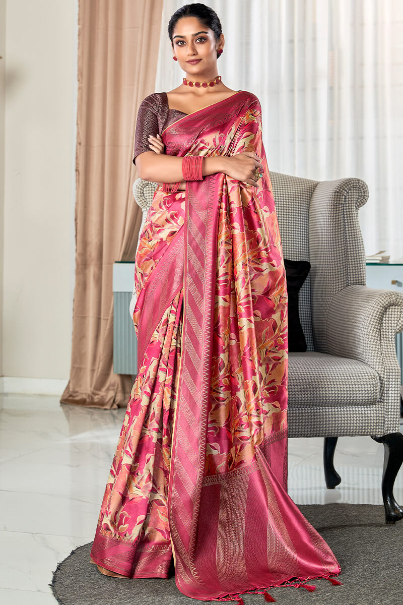 Demesne Dark Pink Digital Printed Soft Silk Saree With Excellent Blouse Piece