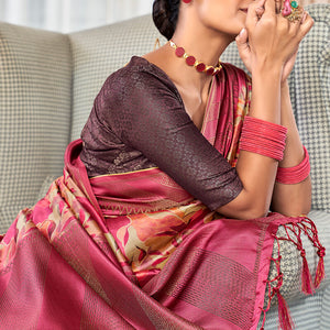 Demesne Dark Pink Digital Printed Soft Silk Saree With Excellent Blouse Piece