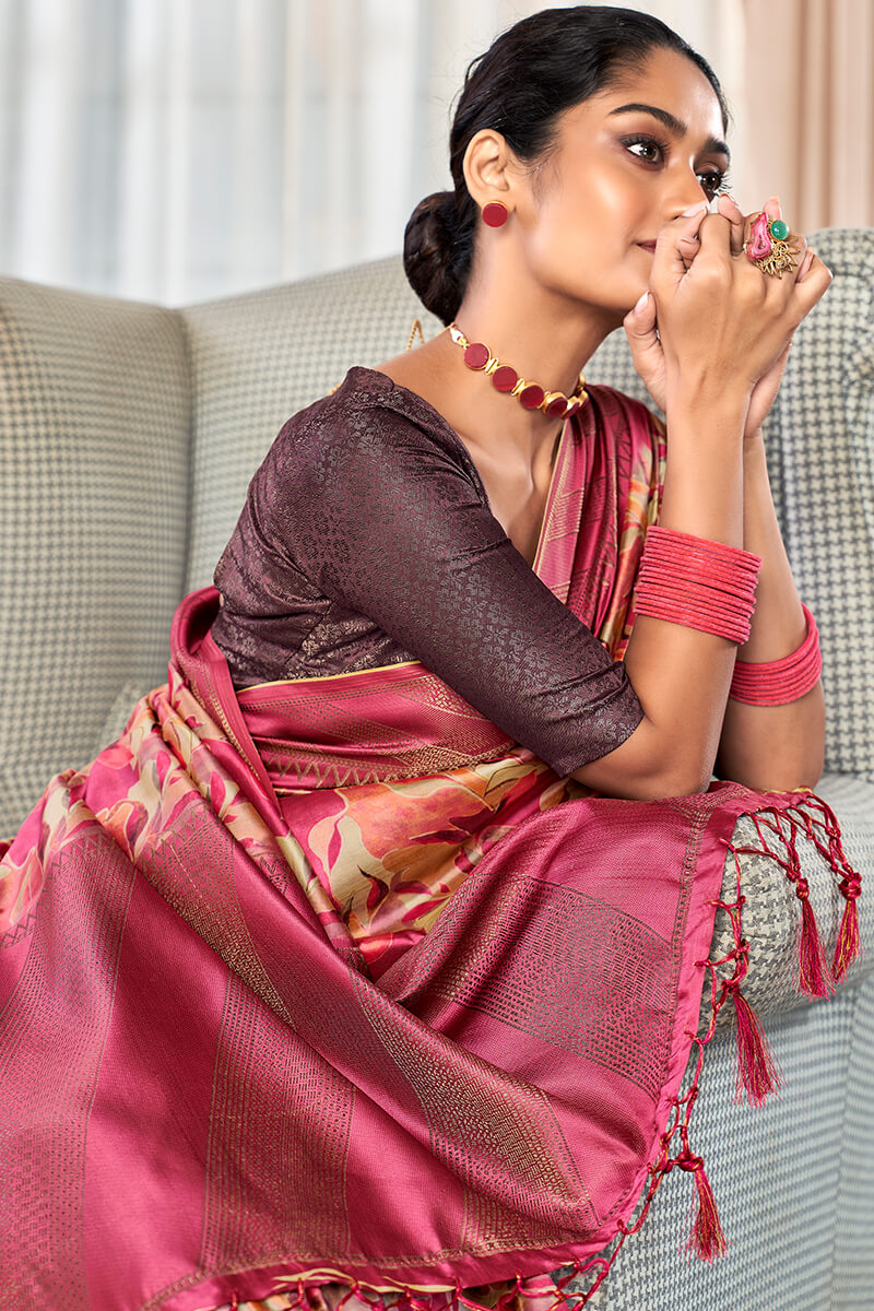 Demesne Dark Pink Digital Printed Soft Silk Saree With Excellent Blouse Piece