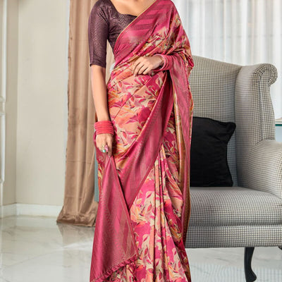 Demesne Dark Pink Digital Printed Soft Silk Saree With Excellent Blouse Piece