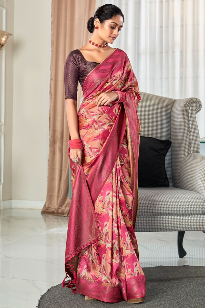 Demesne Dark Pink Digital Printed Soft Silk Saree With Excellent Blouse Piece