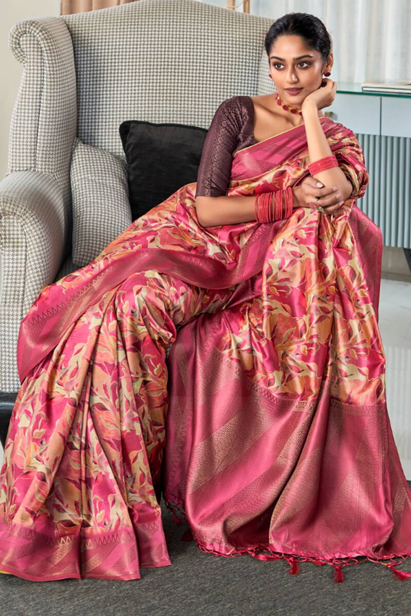 Demesne Dark Pink Digital Printed Soft Silk Saree With Excellent Blouse Piece