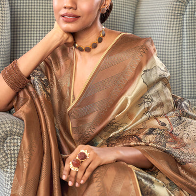 Resonant Brown Digital Printed Soft Silk Saree With Mesmerising Blouse Piece