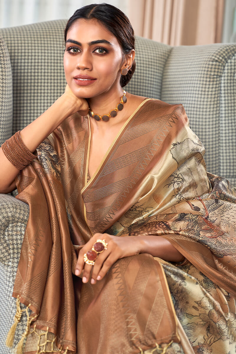 Resonant Brown Digital Printed Soft Silk Saree With Mesmerising Blouse Piece