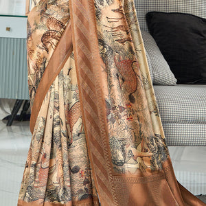 Resonant Brown Digital Printed Soft Silk Saree With Mesmerising Blouse Piece
