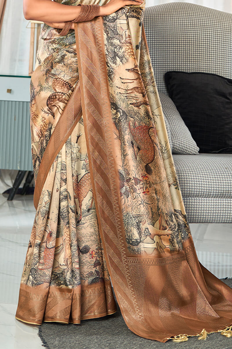 Resonant Brown Digital Printed Soft Silk Saree With Mesmerising Blouse Piece