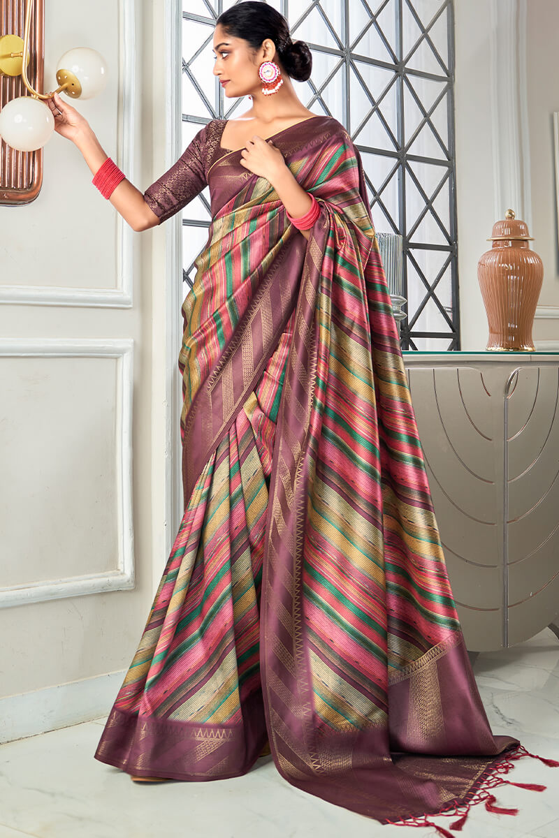 Refreshing Wine Digital Printed Soft Silk Saree With Enthralling Blouse Piece