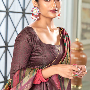 Refreshing Wine Digital Printed Soft Silk Saree With Enthralling Blouse Piece