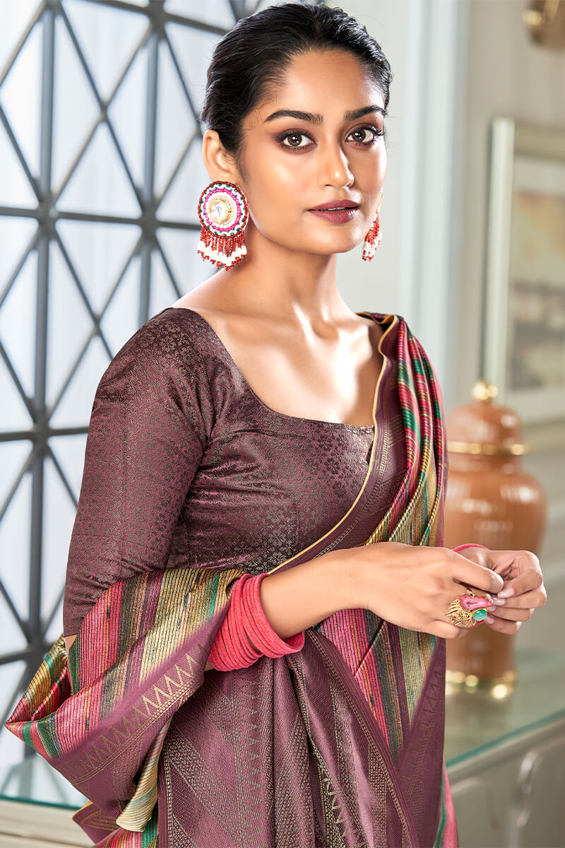 Refreshing Wine Digital Printed Soft Silk Saree With Enthralling Blouse Piece