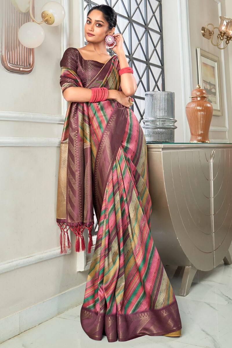 Refreshing Wine Digital Printed Soft Silk Saree With Enthralling Blouse Piece