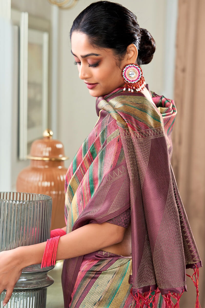 Refreshing Wine Digital Printed Soft Silk Saree With Enthralling Blouse Piece