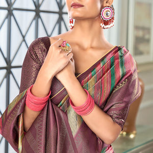Refreshing Wine Digital Printed Soft Silk Saree With Enthralling Blouse Piece
