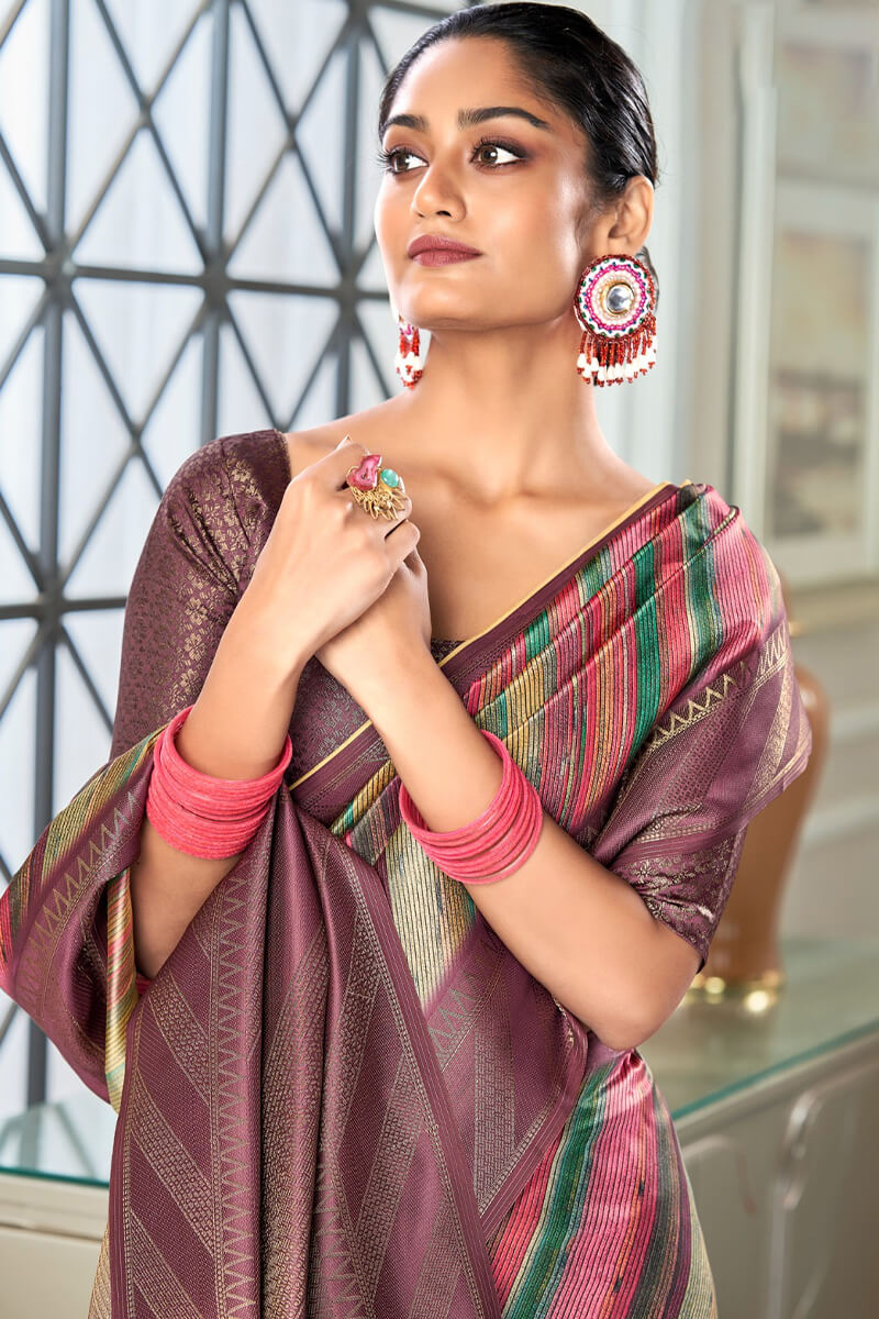 Refreshing Wine Digital Printed Soft Silk Saree With Enthralling Blouse Piece