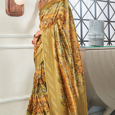 Groovy Golden Digital Printed Soft Silk Saree With Ineffable Blouse Piece