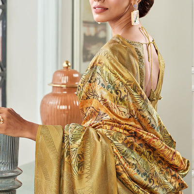Groovy Golden Digital Printed Soft Silk Saree With Ineffable Blouse Piece