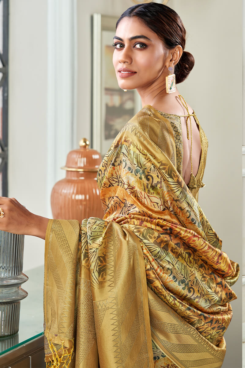 Groovy Golden Digital Printed Soft Silk Saree With Ineffable Blouse Piece