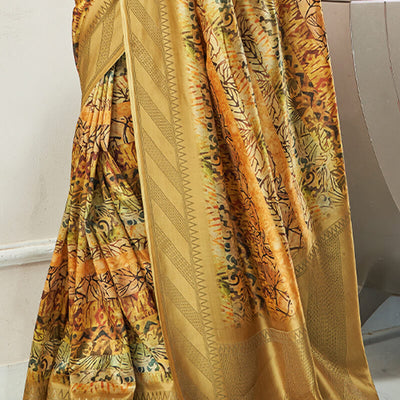 Groovy Golden Digital Printed Soft Silk Saree With Ineffable Blouse Piece