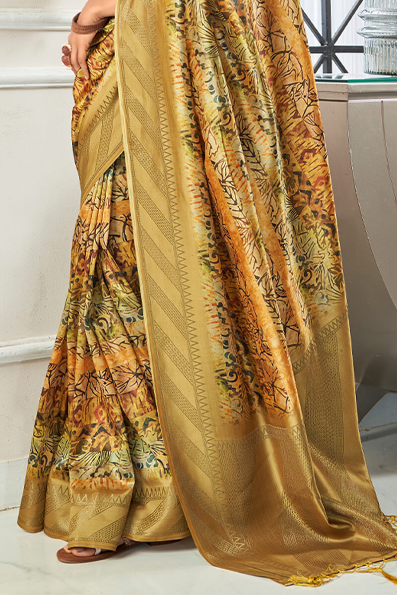 Groovy Golden Digital Printed Soft Silk Saree With Ineffable Blouse Piece