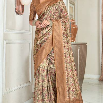 Fragrant Beige Digital Printed Soft Silk Saree With Comely Blouse Piece