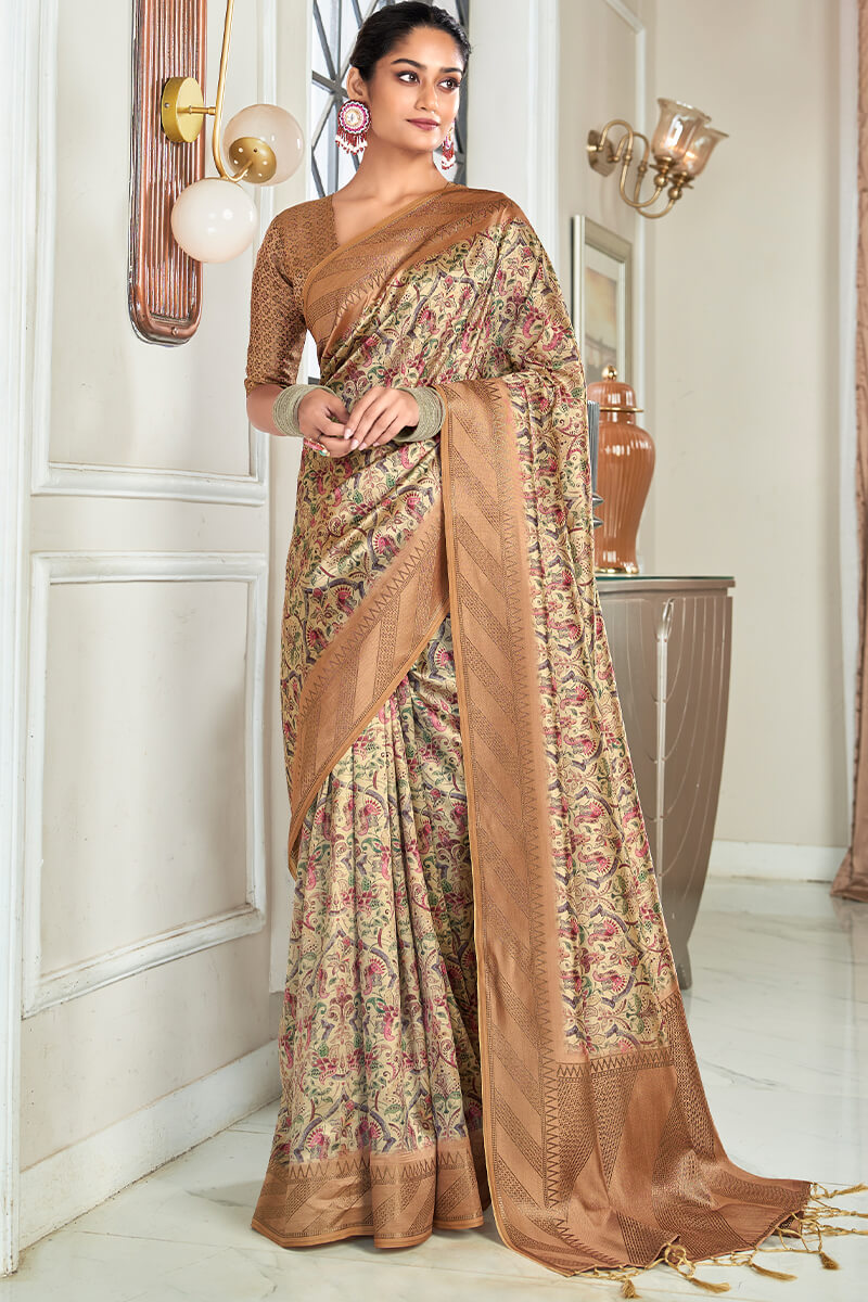 Fragrant Beige Digital Printed Soft Silk Saree With Comely Blouse Piece
