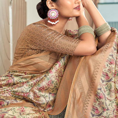 Fragrant Beige Digital Printed Soft Silk Saree With Comely Blouse Piece