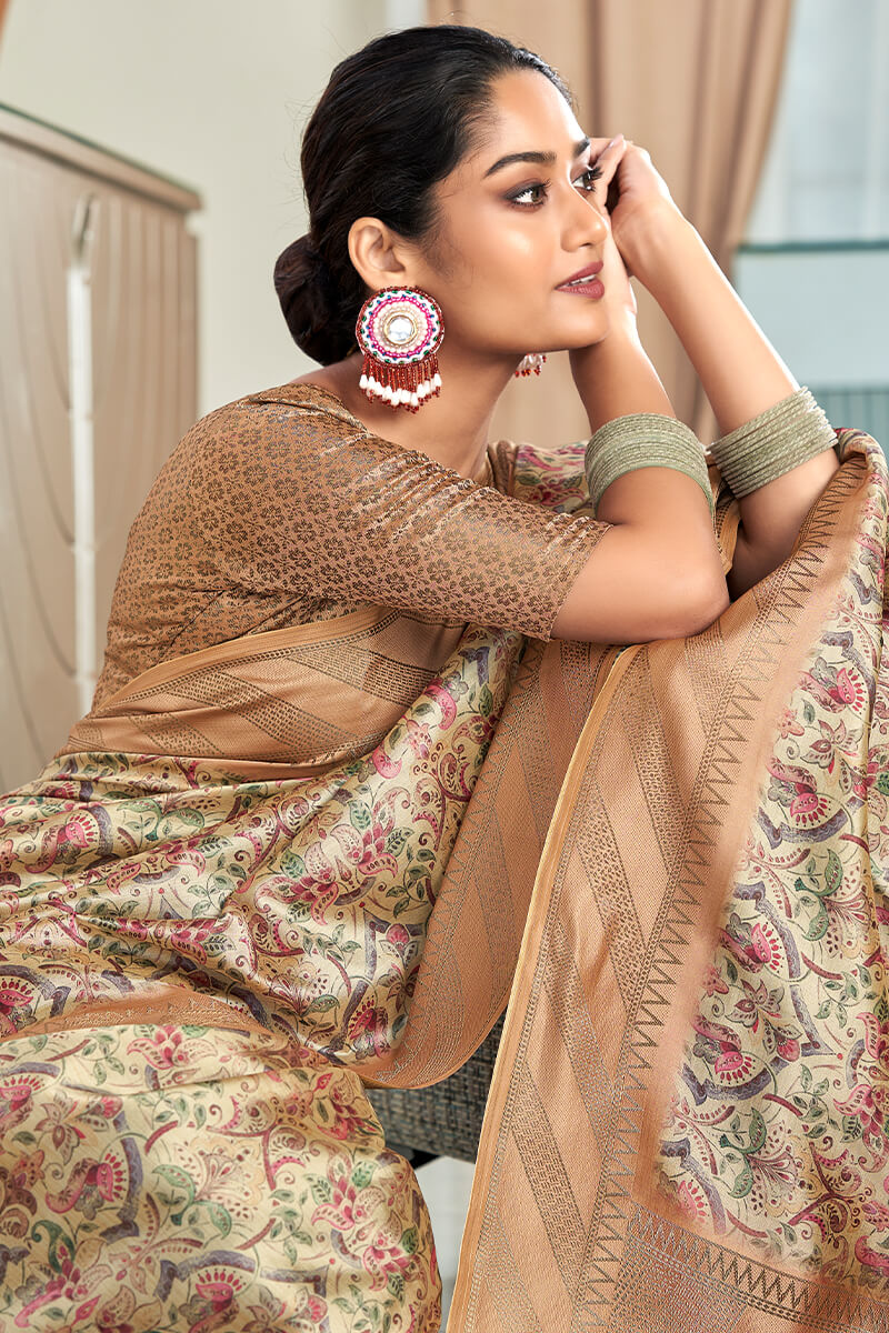 Fragrant Beige Digital Printed Soft Silk Saree With Comely Blouse Piece