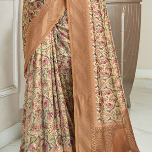 Fragrant Beige Digital Printed Soft Silk Saree With Comely Blouse Piece