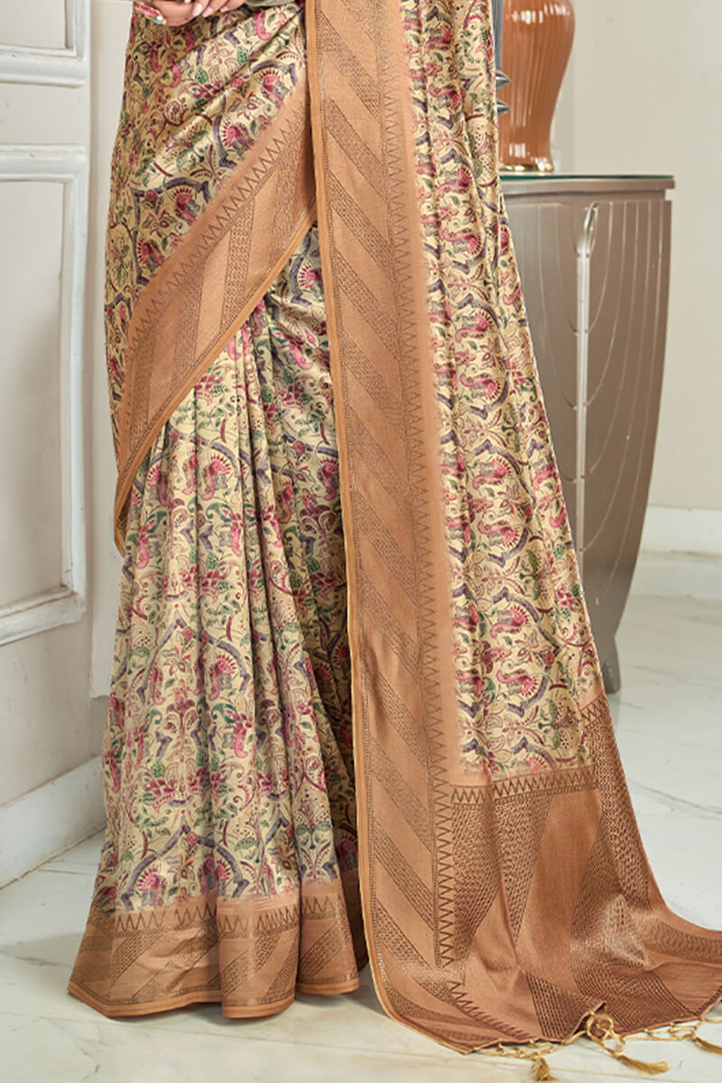 Fragrant Beige Digital Printed Soft Silk Saree With Comely Blouse Piece