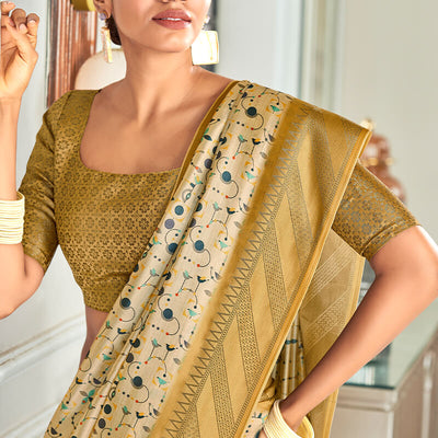 Adorning Beige Digital Printed Soft Silk Saree With Adoring Blouse Piece