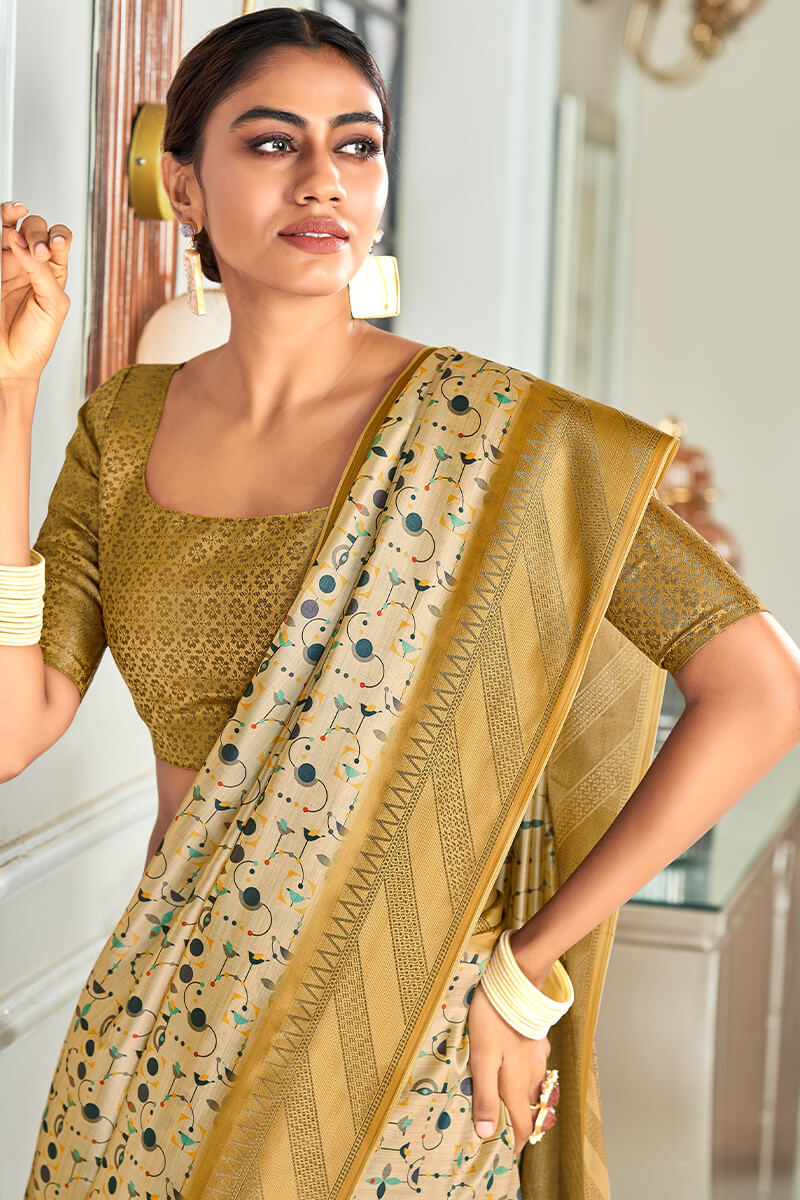Adorning Beige Digital Printed Soft Silk Saree With Adoring Blouse Piece