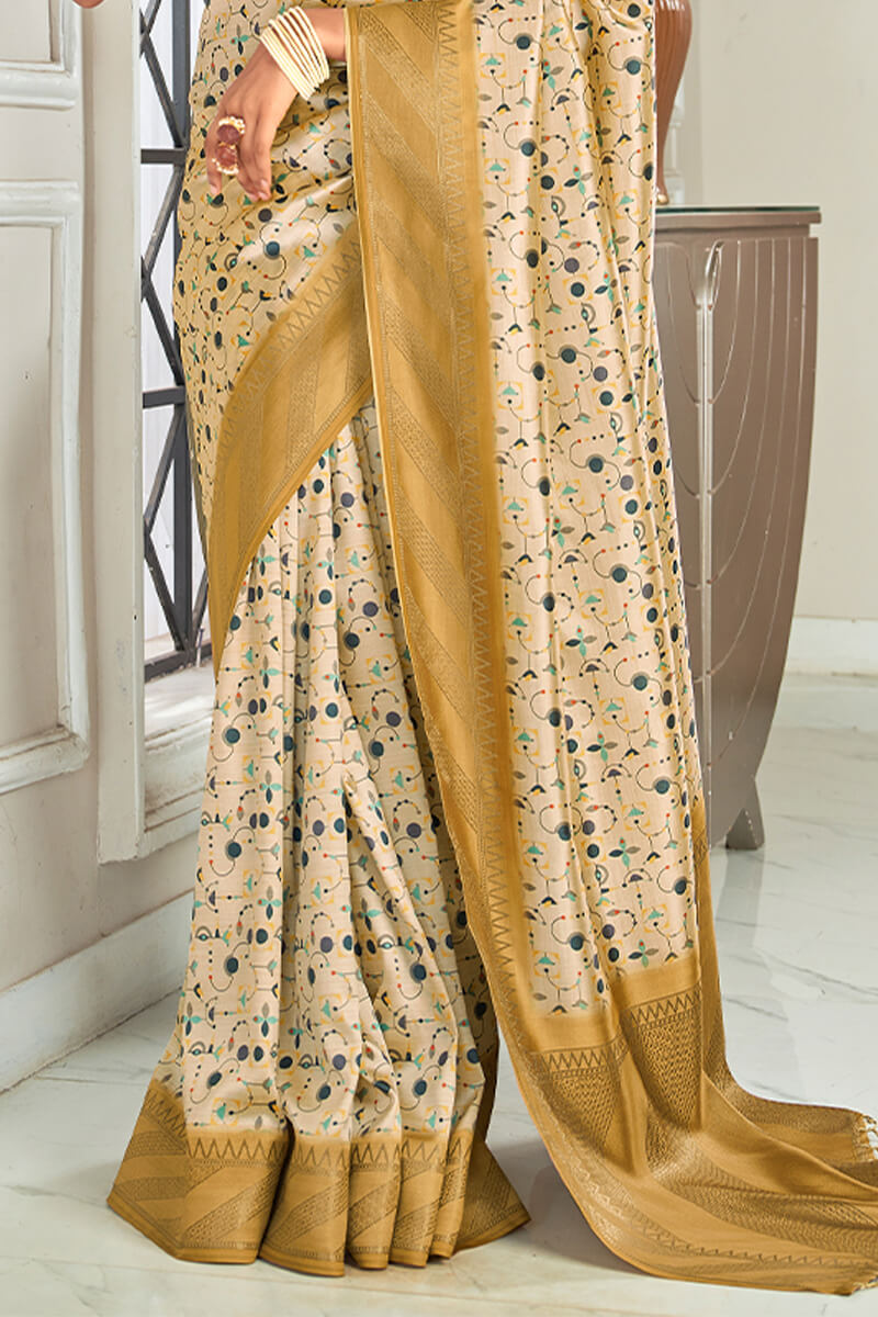 Adorning Beige Digital Printed Soft Silk Saree With Adoring Blouse Piece