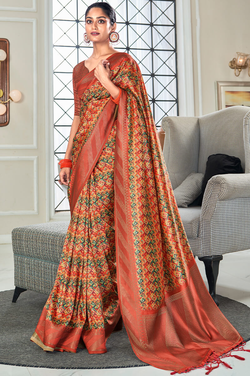 Unique Red Digital Printed Soft Silk Saree With Glamorous Blouse Piece