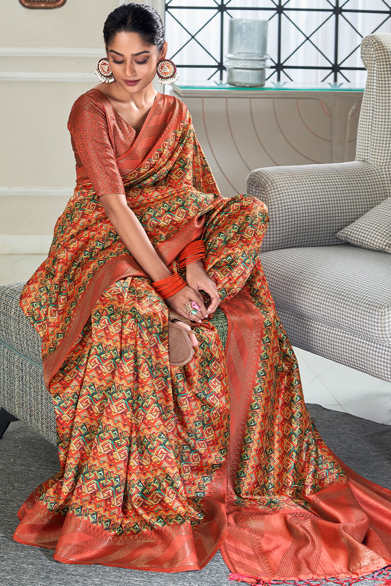 Unique Red Digital Printed Soft Silk Saree With Glamorous Blouse Piece