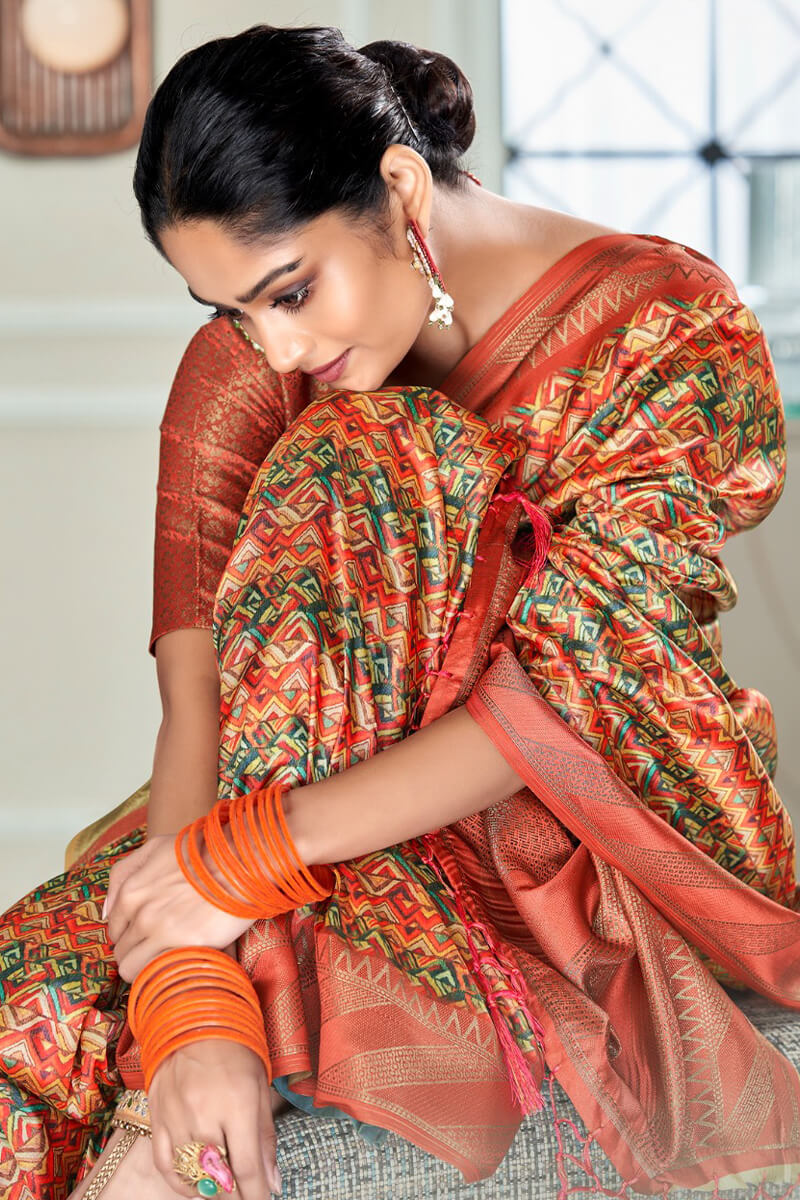 Unique Red Digital Printed Soft Silk Saree With Glamorous Blouse Piece