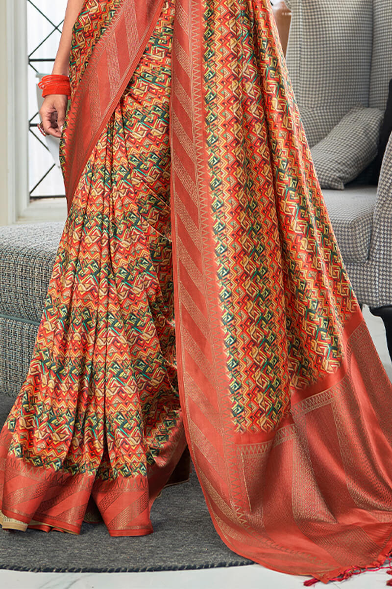 Unique Red Digital Printed Soft Silk Saree With Glamorous Blouse Piece