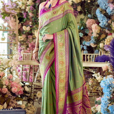 Fugacious Green Soft Banarasi Silk Saree With Snappy Blouse Piece