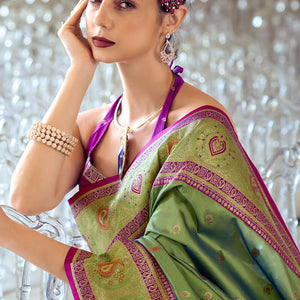 Fugacious Green Soft Banarasi Silk Saree With Snappy Blouse Piece