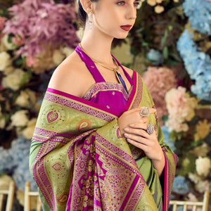 Fugacious Green Soft Banarasi Silk Saree With Snappy Blouse Piece