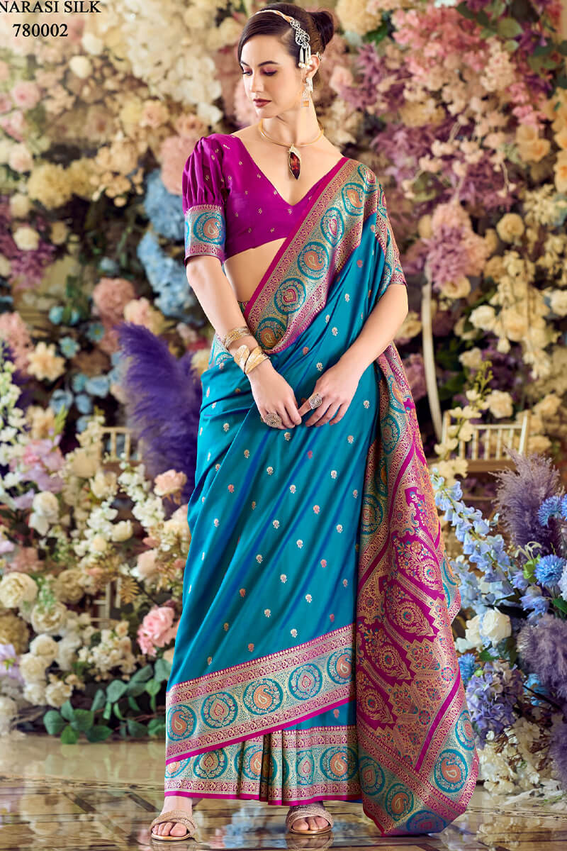 Stunning Blue Soft Banarasi Silk Saree With Proficient Blouse Piece