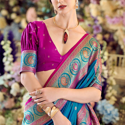 Stunning Blue Soft Banarasi Silk Saree With Proficient Blouse Piece