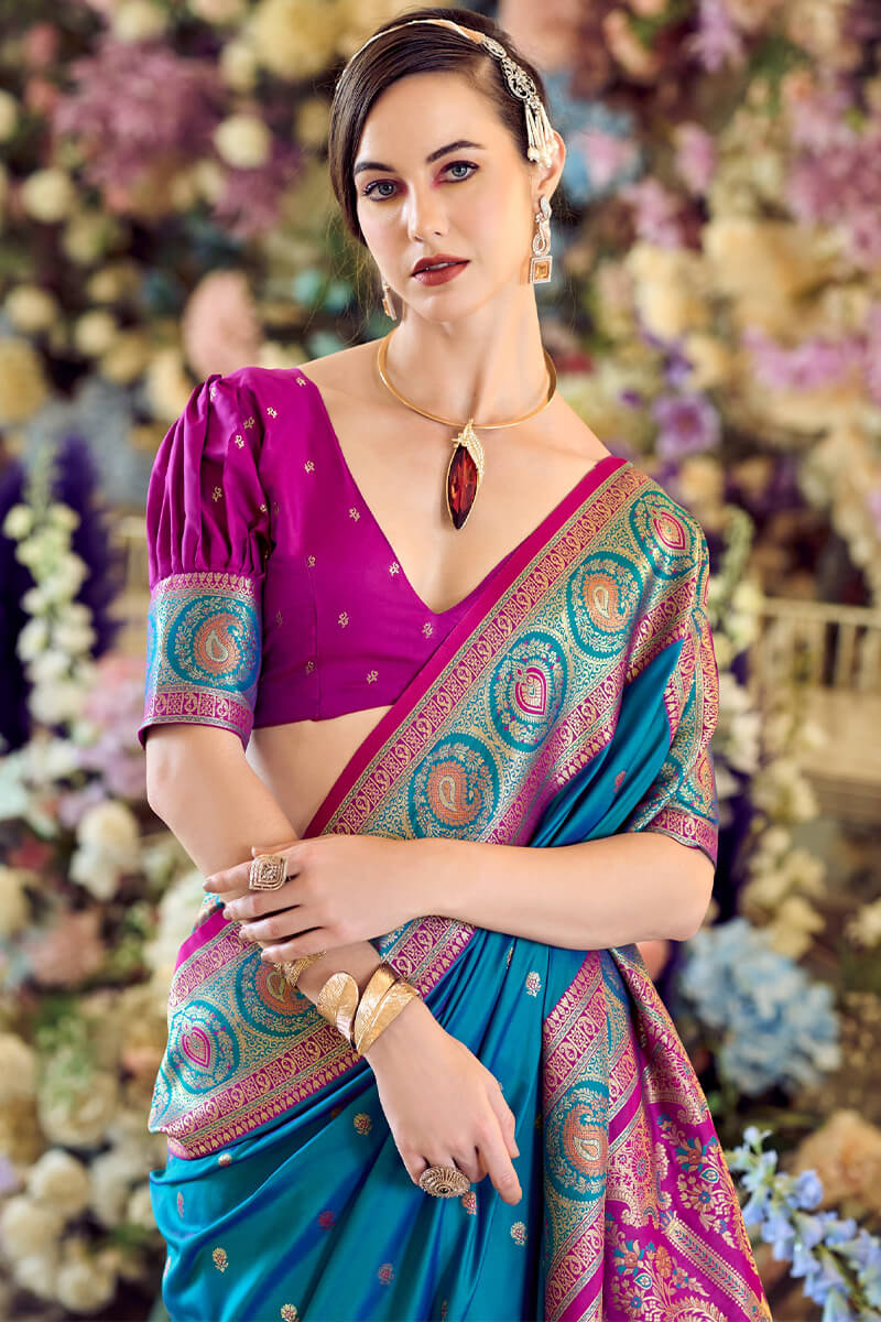 Stunning Blue Soft Banarasi Silk Saree With Proficient Blouse Piece