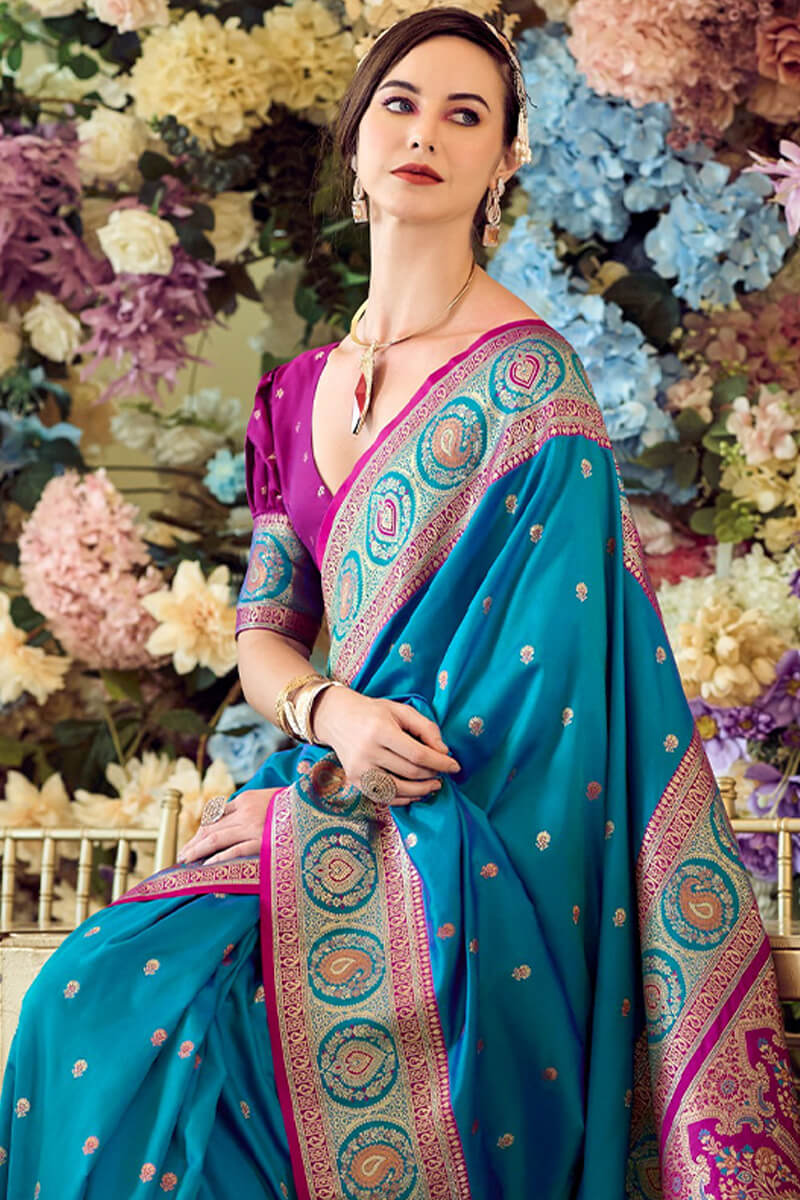 Stunning Blue Soft Banarasi Silk Saree With Proficient Blouse Piece
