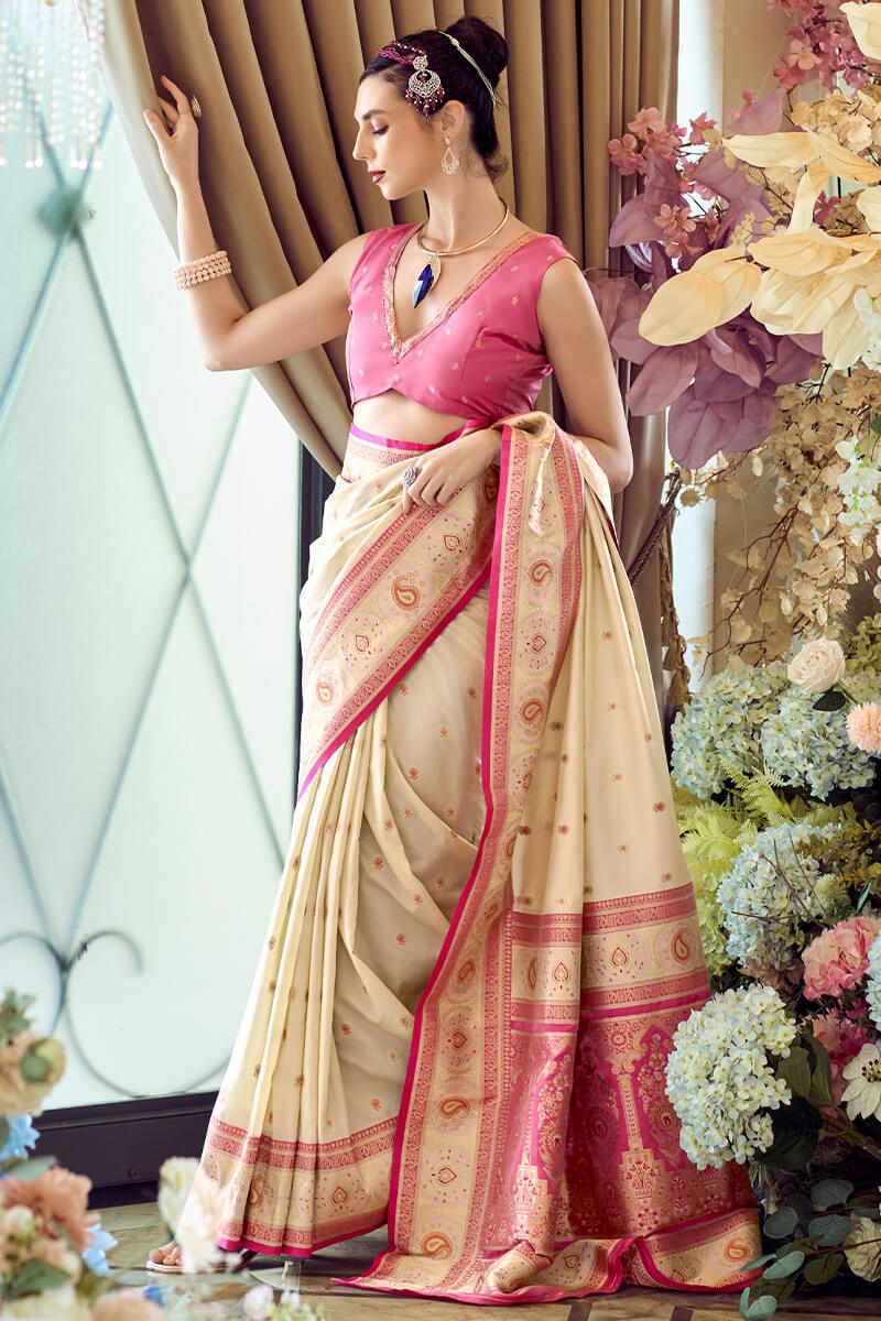 Enigmatic Beige Soft Banarasi Silk Saree With Sophisticated Blouse Piece