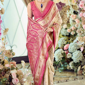 Enigmatic Beige Soft Banarasi Silk Saree With Sophisticated Blouse Piece