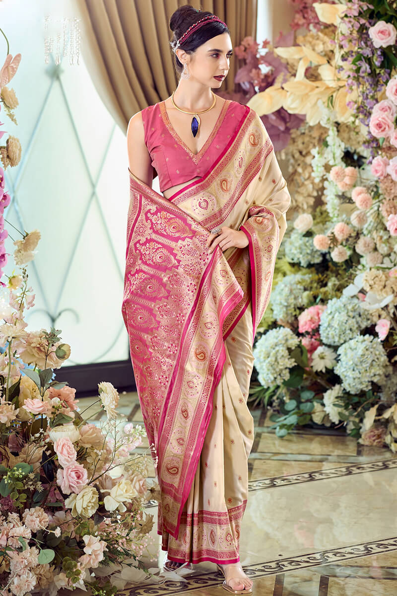 Enigmatic Beige Soft Banarasi Silk Saree With Sophisticated Blouse Piece