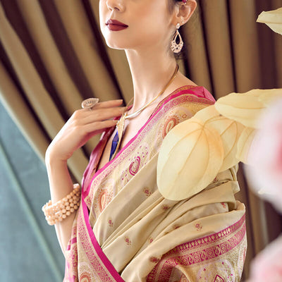 Enigmatic Beige Soft Banarasi Silk Saree With Sophisticated Blouse Piece