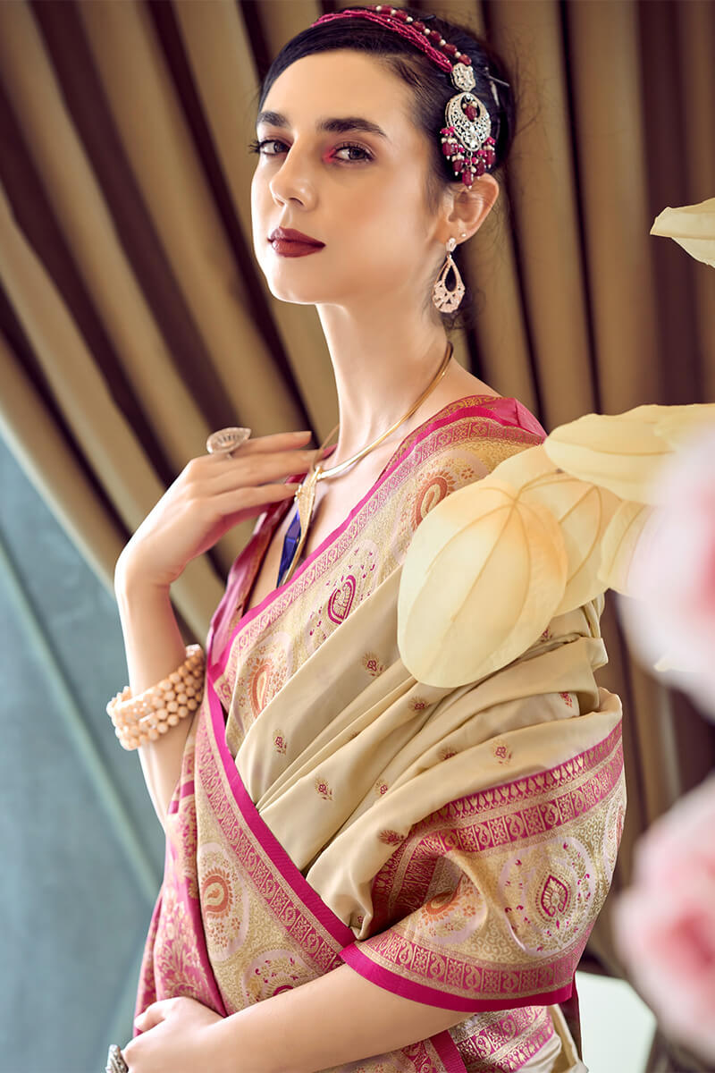 Enigmatic Beige Soft Banarasi Silk Saree With Sophisticated Blouse Piece